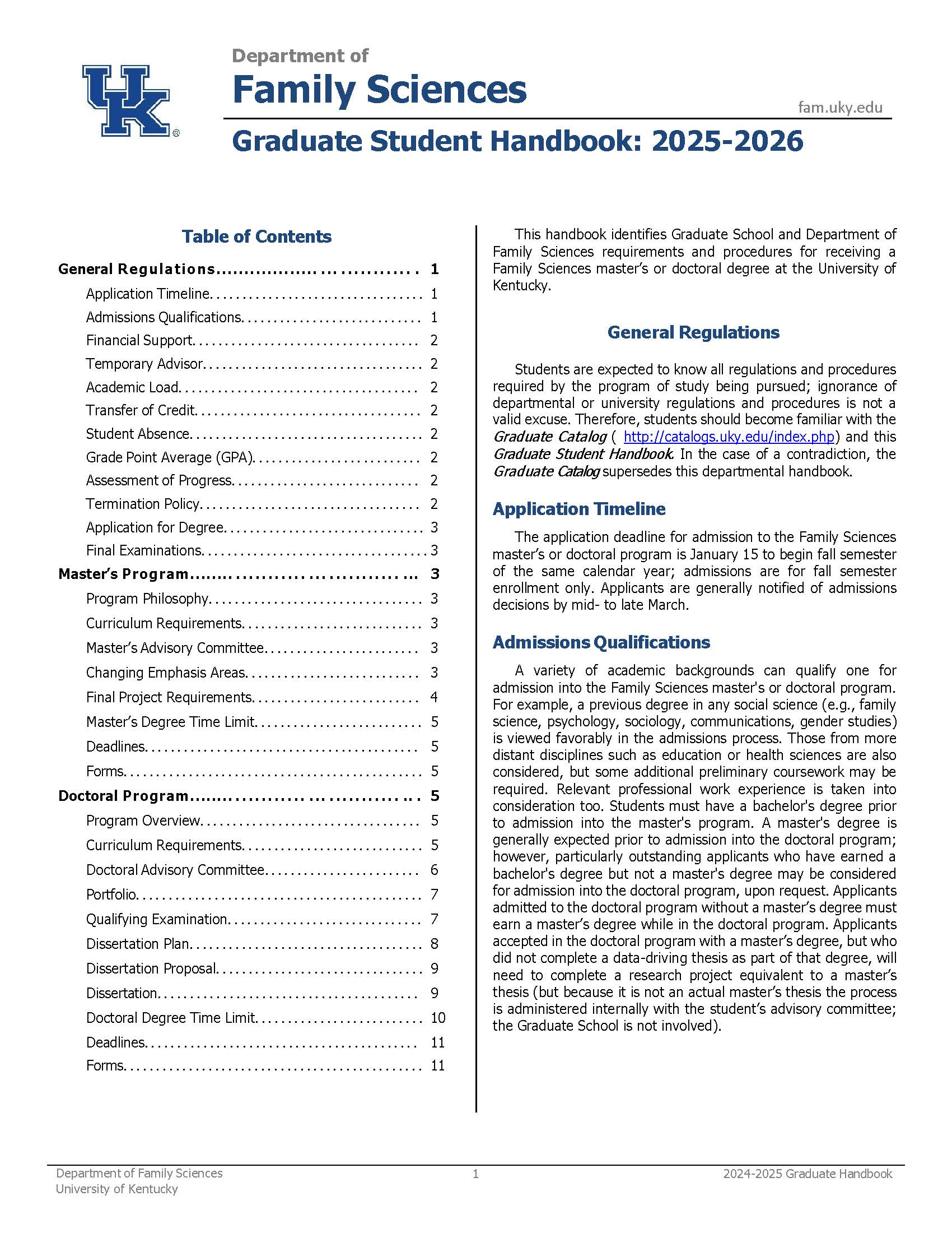 First page of current Graduate Student Handbook